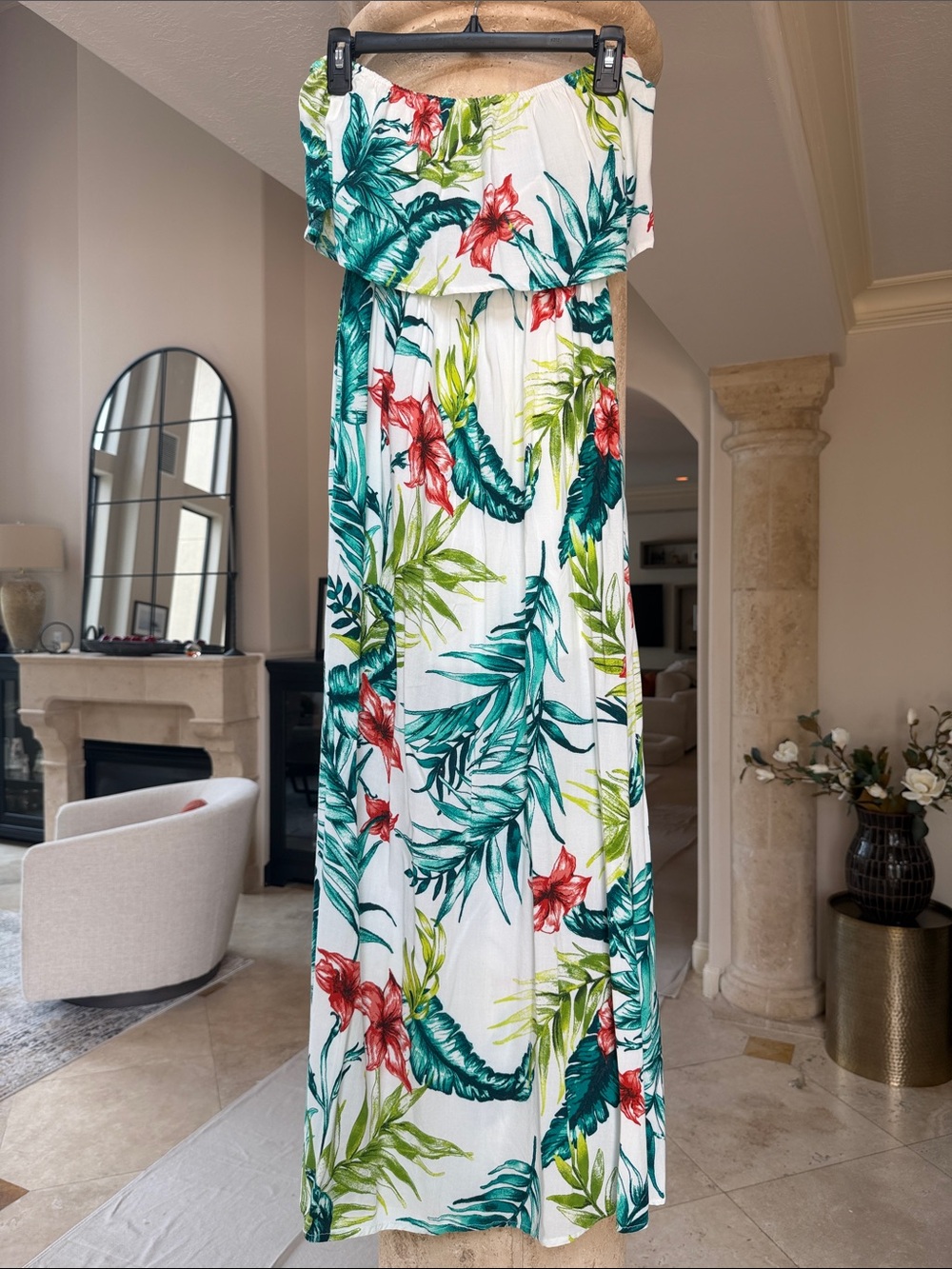 FAVLUX White Teal Strapless Tropical Maxi Dress with Green & Red Floral Print S